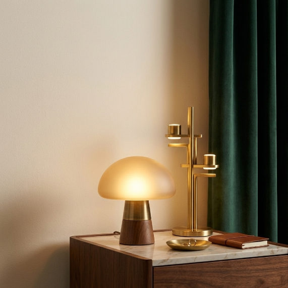 Warm LED desk lamp glowing on a bedside table in a cozy room
