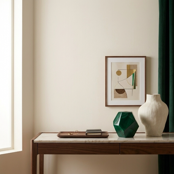 Styled shelf with ceramic vase, framed art print and wooden bowl in a warm neutral living room